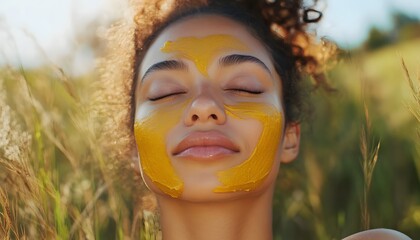 A young woman with curly brown hair lies in a field of tall grass with a yellow facial mask on her face, eyes closed.