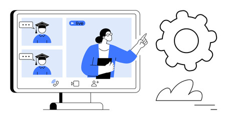 Fototapeta na wymiar Instructor presenting lessons on-screen to two online students with graduation caps. Settings gear and cloud icons. Ideal for online education, e-learning, virtual classes, webinars, distance