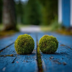 Two moss balls sit on a weathered blue wooden boardwalk.  Blurred background of trees and out of focus building
