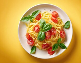 Plate of pasta with cherry tomatoes and basil.  A top-down view of a white plate filled with fettuccine pasta, garnished with fresh basil leaves and halved cherry tomatoes.