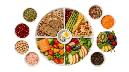 Healthy Food Groups Plate Featuring Whole Grains, Protein, Vegetables, Fruits, and Seeds in Flat Lay Style