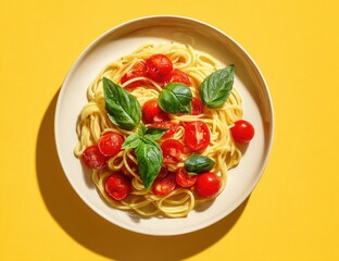 A plate of pasta topped with cherry tomatoes and basil