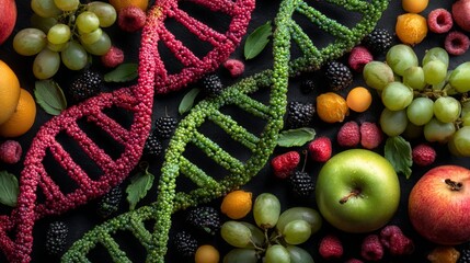 Vibrant dna spiral of fresh organic fruits and greenery kitchen table food photography bright environment top view health concept