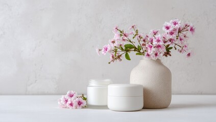 Cream jars and pink flowers on a white surface