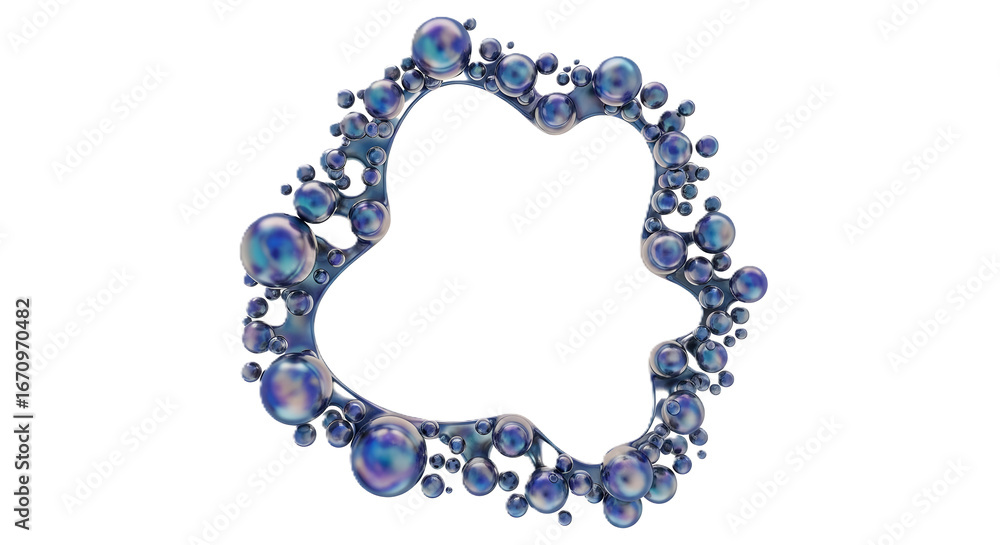 Fototapete abstract digital rendering of a fluid-like shape with numerous iridescent spheres surrounding a nega