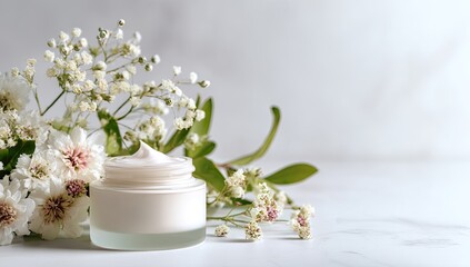 Cream jar with flowers on marble