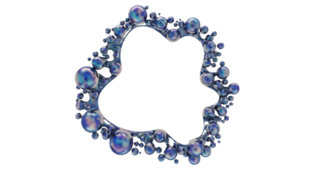 Abstract digital rendering of a fluid-like shape with numerous iridescent spheres surrounding a negative space.