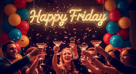 Energetic nightlife scene with friends celebrating under colorful balloons and a glowing “Happy Friday” sign.