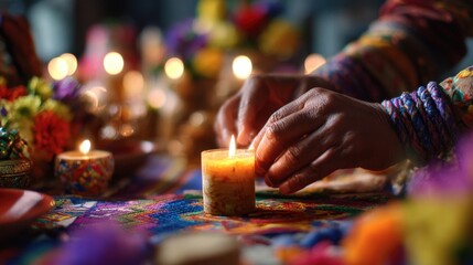 Medium shot of hands lighting a candle on a cultural celebration table with vibrant decorations blurred behind highlighting intimate festive rituals.