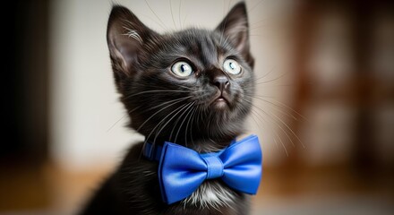 Charming black kitten with bright eyes dressed in a blue bow tie, captured in soft studio light.