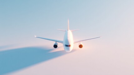 Obraz premium Sleek airplane soaring through pastel skies, casting soft shadow