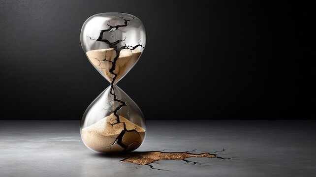 Cracked Hourglass with Sand Leaking Through Broken Glass Representing Early Cognitive Decline and Abstract Metaphor of Time Passing for Medical and Mental Health Concept