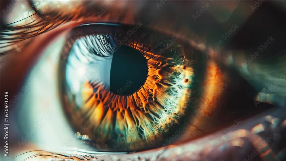 Poster close-up of human eye with detailed iris structure. the iris is seen in close-up, highlighting its u