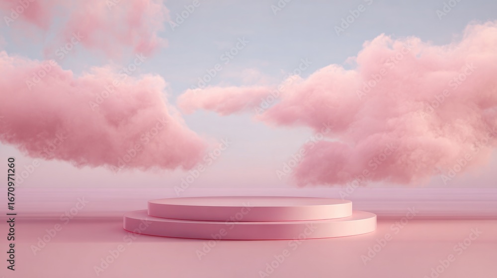 Poster Soft pink clouds hover above layered platforms, creating dreamy