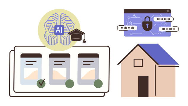 Neural network with AI label and graduate cap, browser with password lock, task checklist, house. Ideal for AI, technology, cybersecurity, education organization home automation. Simple flat