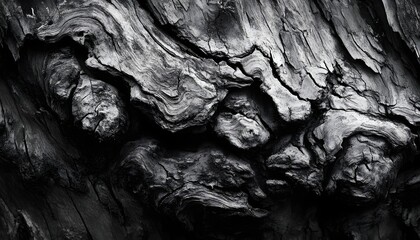 The image shows a close-up view of a dark, textured wood surface with deep grooves and cracks, exhibiting intricate natural patterns.