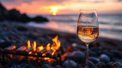 Golden sunset beverage on a pebbled beach.