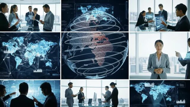 This business montage features diverse teams using advanced tech and holographic displays for global data analysis and strategy. A high-tech look at corporate collaboration and worldwide connectivity. - Powered by Adobe