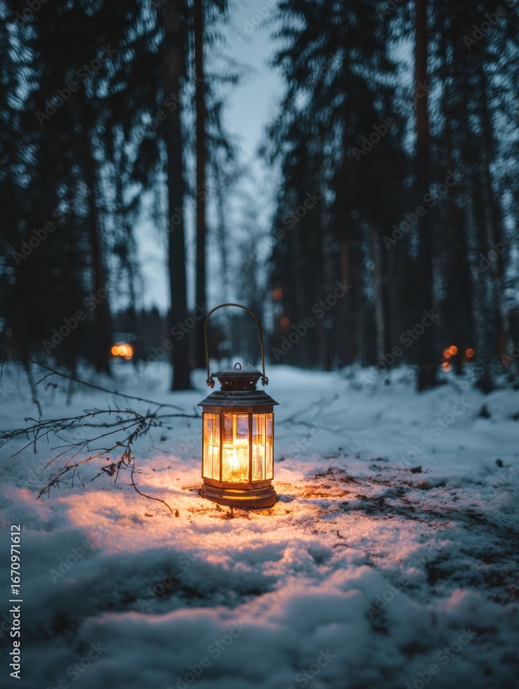 Poster lantern illuminating a snowy forest path at dusk with trees in the background