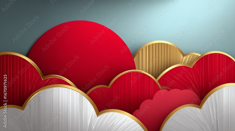 Aufkleber an abstract composition features layered, curved shapes in vibrant red and white, accented with gold