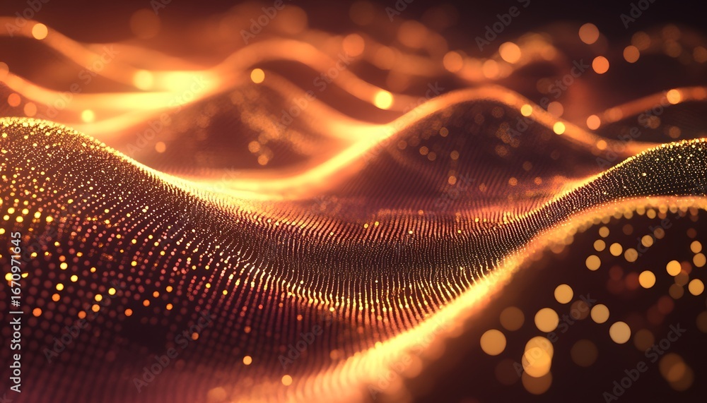 Poster the illustration shows a dark background with flowing golden waves composed of many small particles 