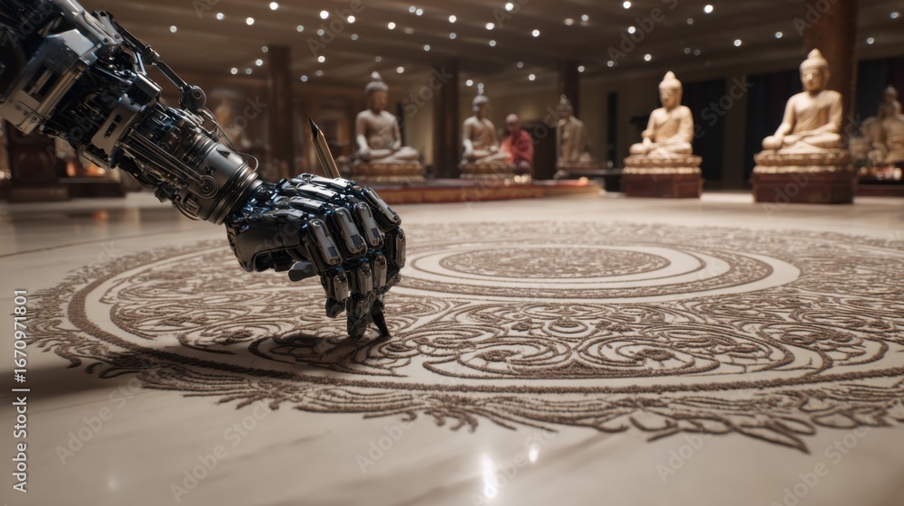 Poster focused medium shot of an advanced robot hand meticulously creating intricate patterns of sand art o