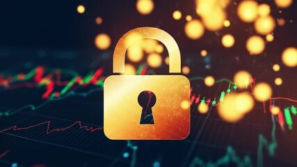 Golden padlock symbol protecting financial data Blue digital background with fluctuating stock market graphs Security concept represents investment safety trust and information protection - Powered by Adobe
