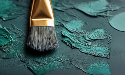 Paintbrush and teal-green paint on dark surface - Powered by Adobe