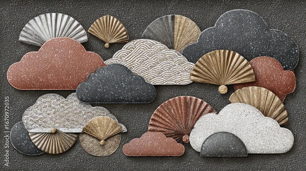 Aufkleber an abstract composition features textured, cloud-like forms and radiating fan shapes in metallic and