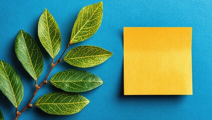 Bright green leaves and a blank yellow sticky note on vibrant blue background