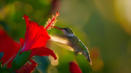 Obraz premium Colibrí y Hibisco: Un Momento de Dulzura al Sol