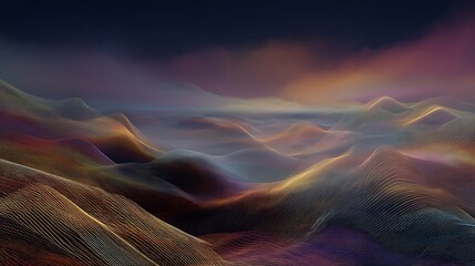 Abstract landscape made from musical frequencies, rolling hills of soundwaves, skies of colorful harmony, visualizing the unseen music, dreamlike and surreal, 