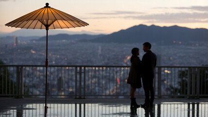 Fototapeta premium Couple admires city view under umbrella at dusk, romantic getaway, serene evening escape.