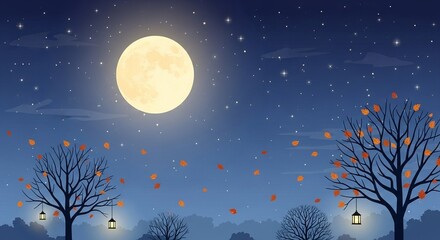 Dreamy Flat Autumn Night Landscape with a Full Moon, Vector Illustration