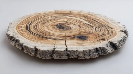 A circular wooden log slice showcasing natural rings and texture, resting on a light background, highlighting its organic beauty.