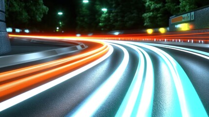 Fototapeta premium A dynamic night scene showcasing light trails from moving vehicles on a curved road.
