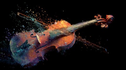 Fototapeta premium A violin disintegrating into colorful particles, each note triggering a unique burst of color and geometric pattern, futuristic synesthetic artwork, glowing, fluid, cinematic abstract art, 