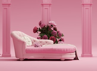 Pink armchair with pink flowers on pastel background. Advertisement idea. Creative composition. 3d render, social media and sale concept	