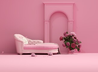 Pink armchair with pink flowers on pastel background. Advertisement idea. Creative composition. 3d render, social media and sale concept	