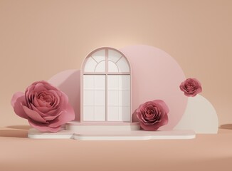 3D podium display, pastel pink background with Rosie flower and window frame. Minimal pedestal for beauty, product. Feminine copy space template 3d render	
