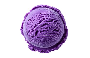 Top-down view of a single, round scoop of vibrant purple ice cream, possibly ube or grape flavor, isolated on a clean white background