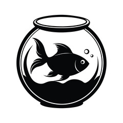 Black silhouette of a goldfish swimming in a round fishbowl with bubbles