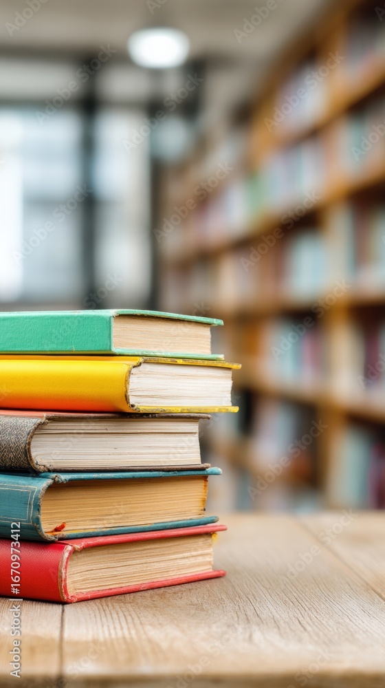 Poster stack of colorful books on a wooden table in a library with blurred shelves in the background during
