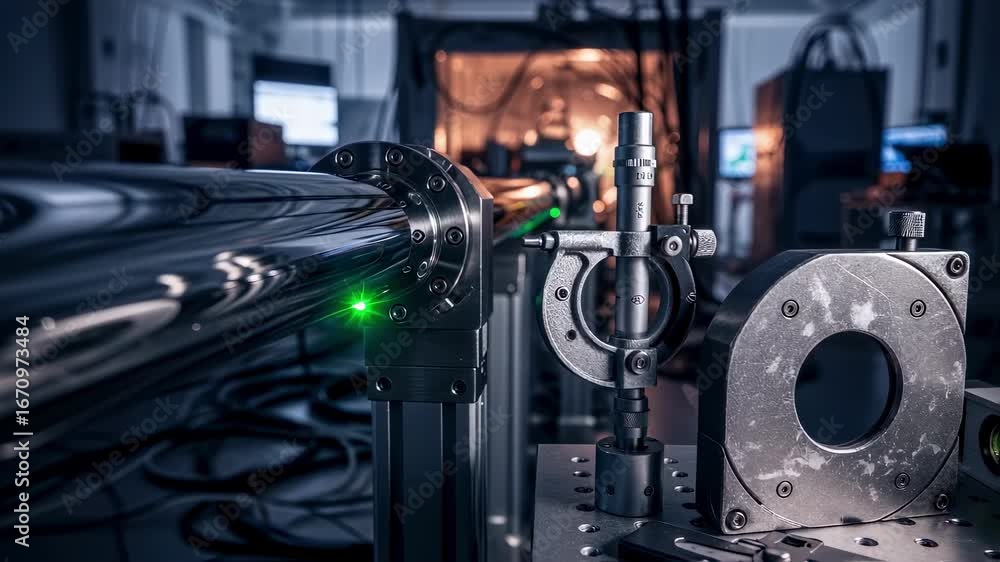 Poster technological contrast of sleek laser beamline hardware alongside rugged highprecision alignment too