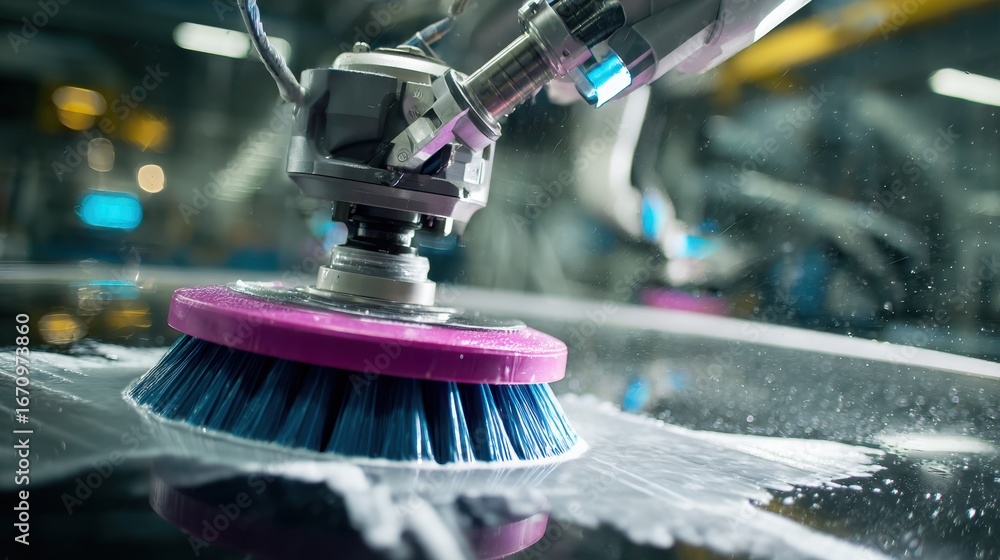 Poster medium shot of a robotic brush gently scrubbing a cars surface with precise automated movements and 