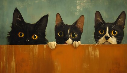 The illustration shows three black cats with yellow eyes looking over the top of a brown wooden fence against a teal background.