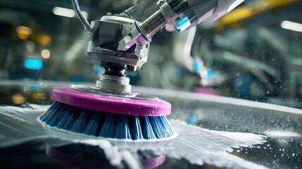 Medium shot of a robotic brush gently scrubbing a cars surface with precise automated movements and a blurred background highlighting the focused action.