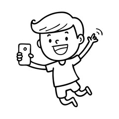 Simple black and white sketch of a stone house with chimney – stock vector icon in line styleHappy cartoon boy taking selfie while jumping with smartphone – stock vector icon in line style