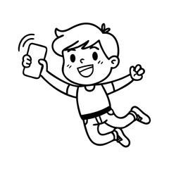Simple black and white sketch of a stone house with chimney – stock vector icon in line styleHappy cartoon boy taking selfie while jumping with smartphone – stock vector icon in line style