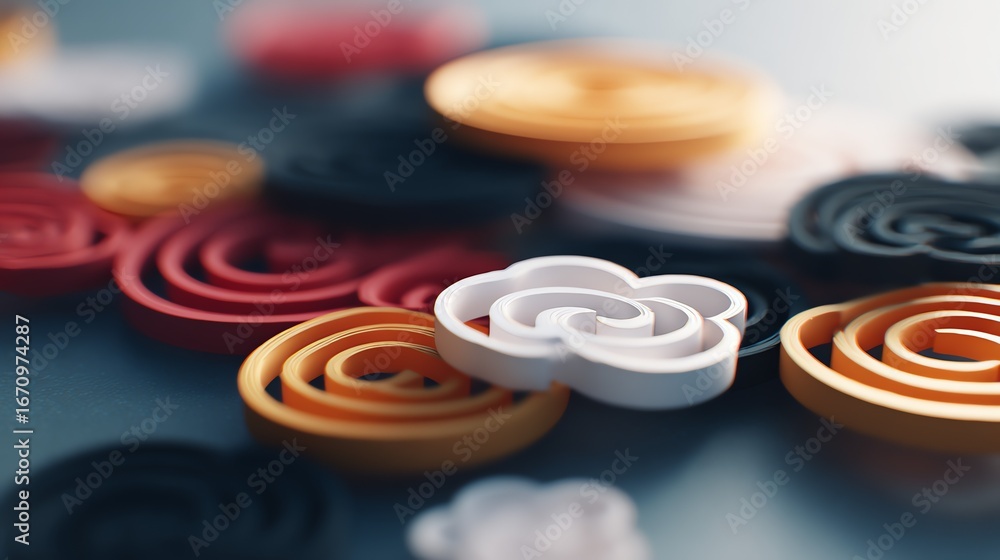Aufkleber an abstract composition features swirling, layered forms in a muted palette, creating a sense of dep